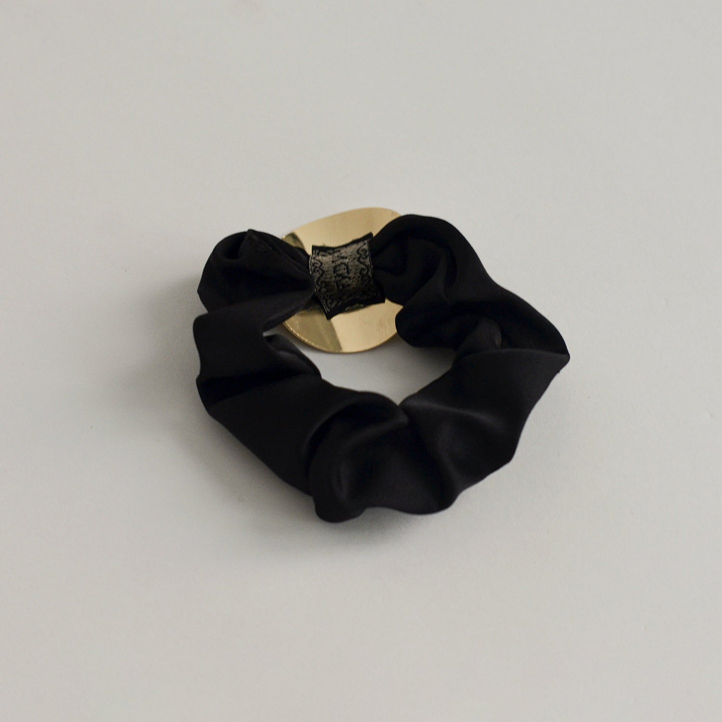Satin Scrunchie with Round Gold Charm | Black