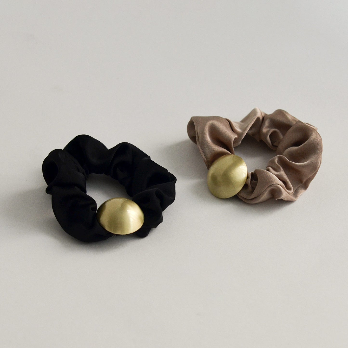 Satin Scrunchie with Hemisphere Gold Charm | Beige