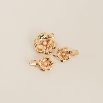 Metal Flower with Plastic Pearl Hair Clips | 3pcs | Gold