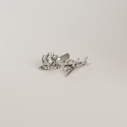 Metal Flower with Plastic Pearl Hair Clips | 3pcs | Silver