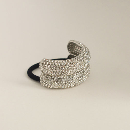 Pave Stone Metal Double Cuff Ponytail Hair Tie | Silver