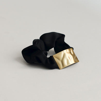 Satin Scrunchie with Rectangle Gold Charm | Black