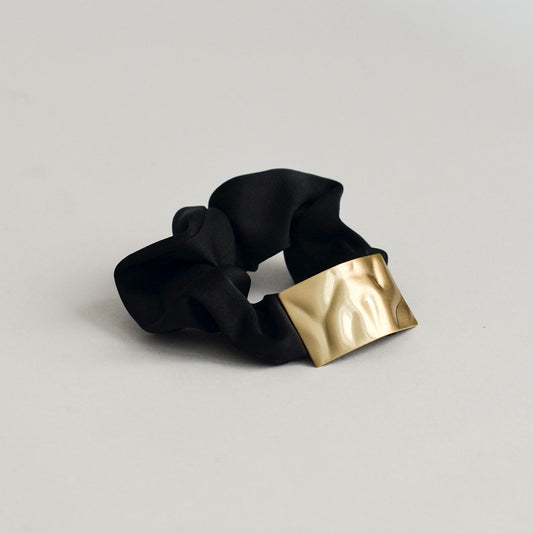 Satin Scrunchie with Rectangle Gold Charm | Black
