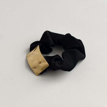 Satin Scrunchie with Rectangle Gold Charm | Black