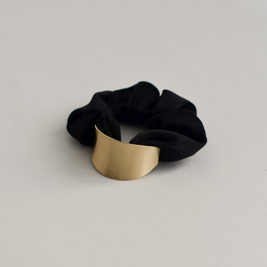 Satin Scrunchie with Crescent Gold Charm | Black