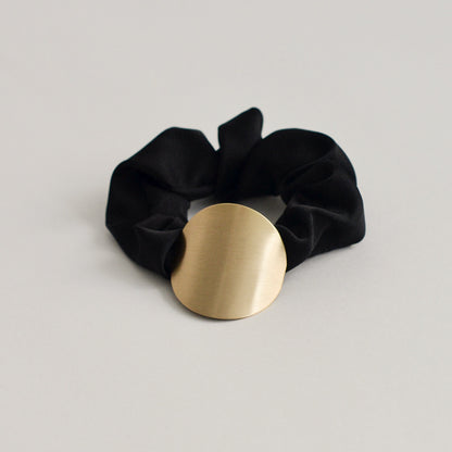 Satin Scrunchie with Round Gold Charm | Black
