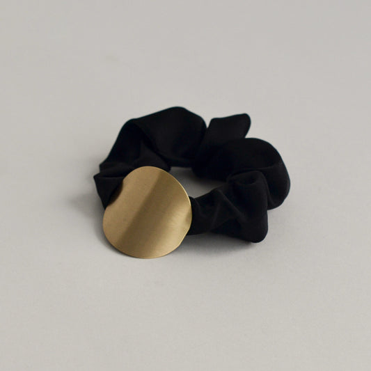 Satin Scrunchie with Round Gold Charm | Black
