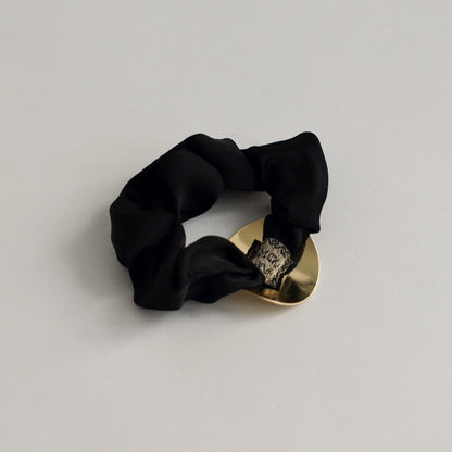 Satin Scrunchie with Round Gold Charm | Black