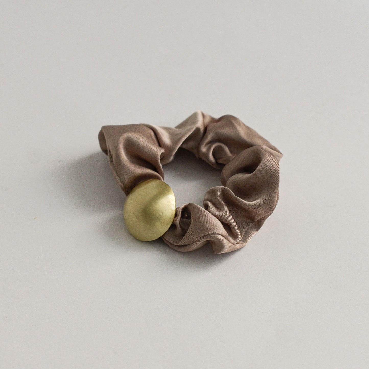 Satin Scrunchie with Hemisphere Gold Charm | Beige