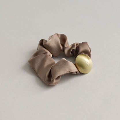 Satin Scrunchie with Hemisphere Gold Charm | Beige