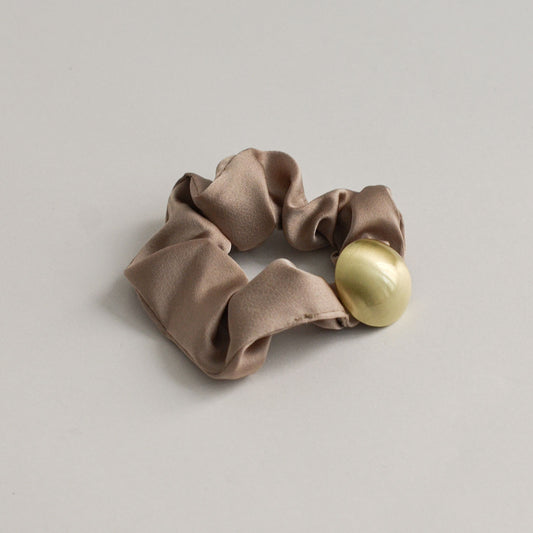 Satin Scrunchie with Hemisphere Gold Charm | Beige