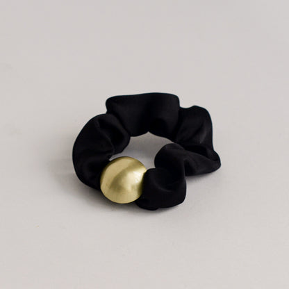 Satin Scrunchie with Hemisphere Gold Charm | Black