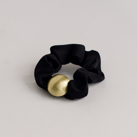 Satin Scrunchie with Hemisphere Gold Charm | Black