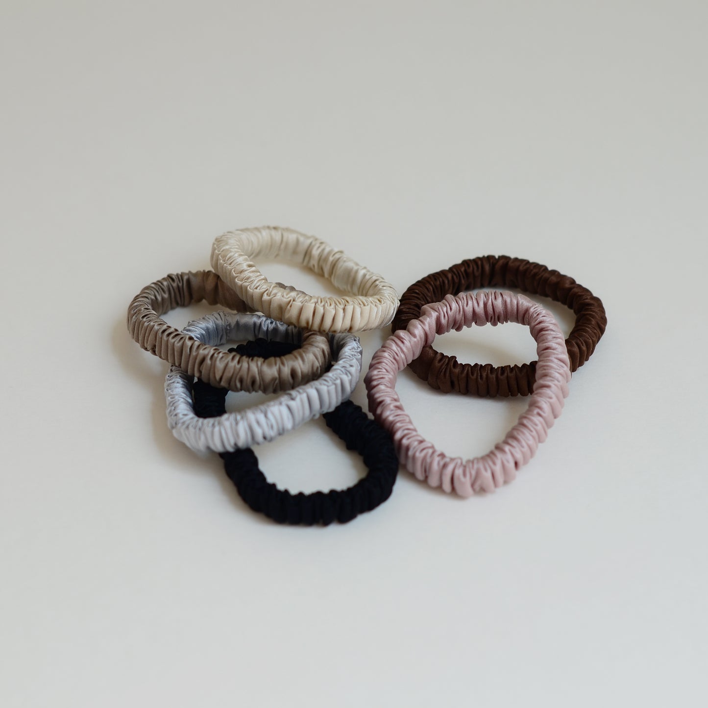 Pure Silk Slim Scrunchie Hair Ties Set | Soft Cream