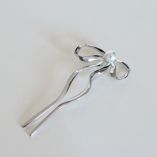 Pearl Bow Hair Stick - Silver