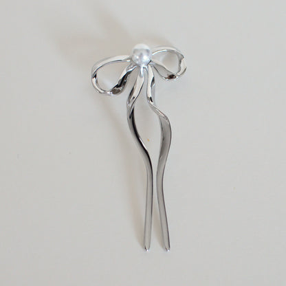 Pearl Bow Hair Stick - Silver