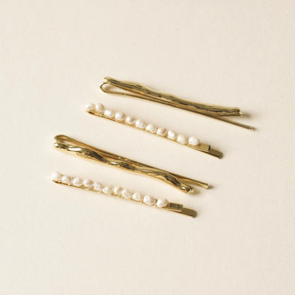 set of 4pcs: freshwater pearl beaded pins and textured metal pins