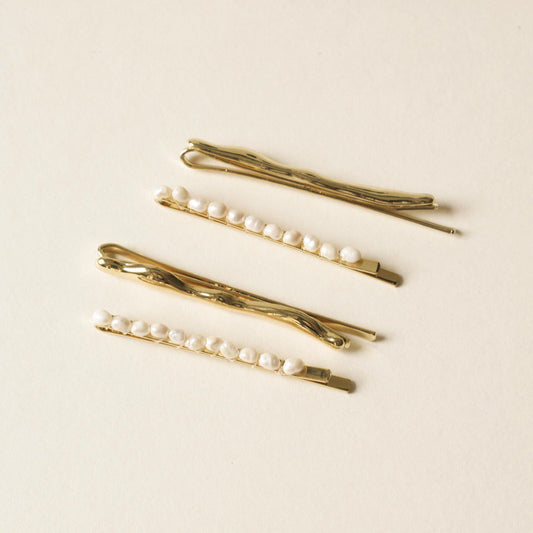 set of 4pcs: freshwater pearl beaded pins and textured metal pins