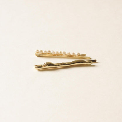freshwater pearl bead pin and textured sleek metal pin